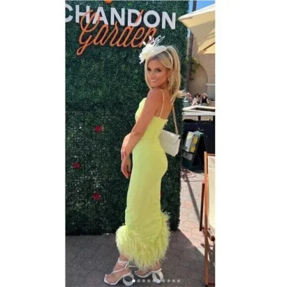 HOUSE OF CB Alessia Asymmetric Feather Trim Midi Dress in Lime Size X-Small - Picture 11 of 16